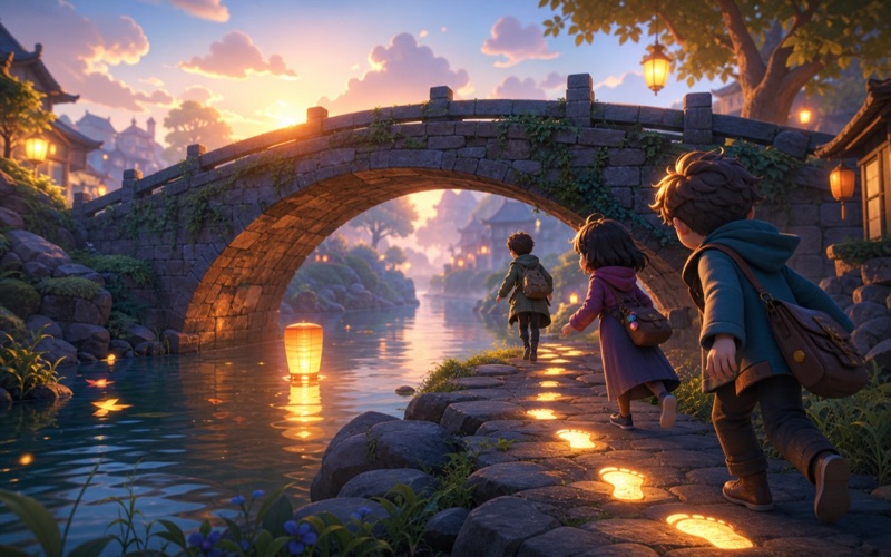 A glowing lantern bridge scene in 3D style